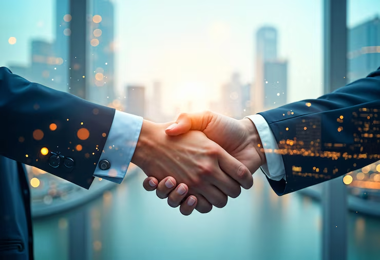 Business handshake with global city skyline — trusted partnership for cotton and yarn trade